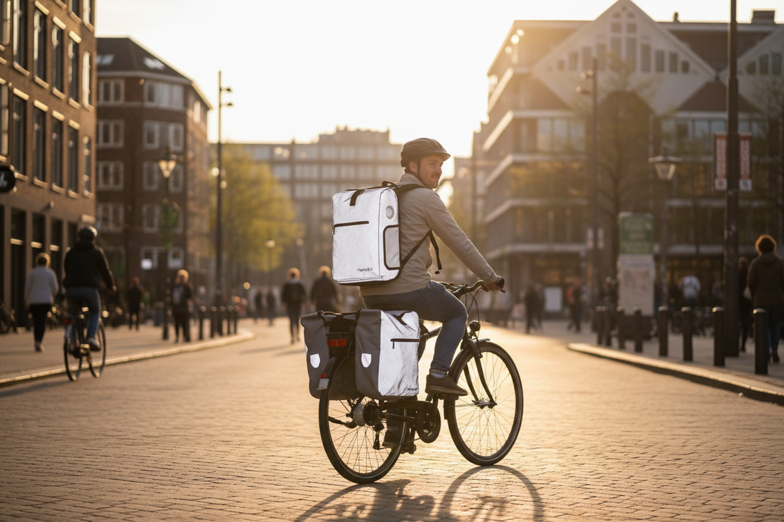 Stadsfietser met Proride 3-in-1 fietstas in Rotterdam, zonnige lentedag