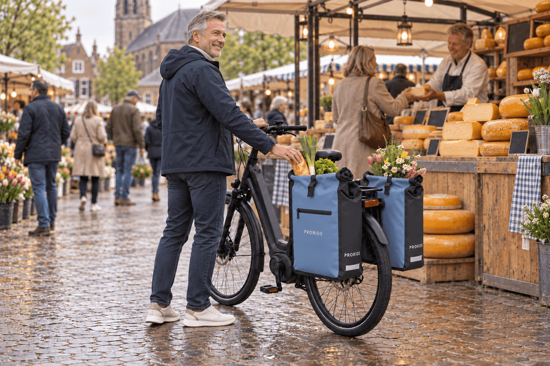 Man met blauwe Proride dubbele fietstas 40L voor boodschappen op de markt