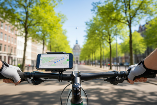 Proride telefoonhouder op fietsstuur met Google Maps navigatie, Rotterdam lente