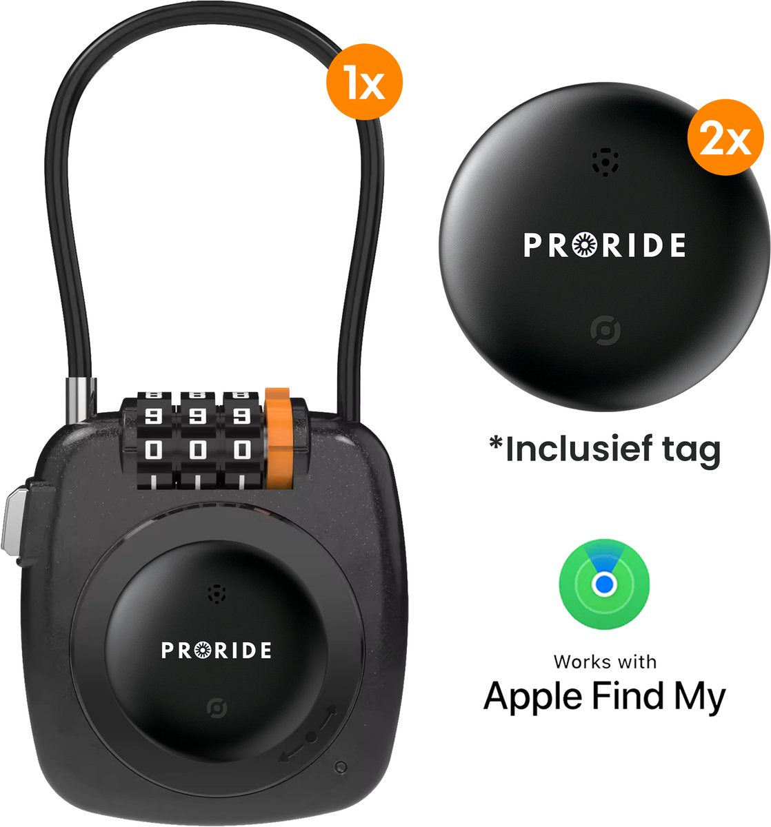 Proride 3- cijferig Kabelslot Inclusief GPS-tracker Apple I Slim en veilig onderweg I Zwart