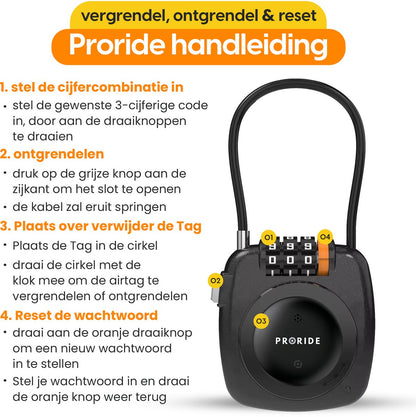 Proride 3- cijferig Kabelslot Inclusief GPS-tracker Apple I Slim en veilig onderweg I Zwart